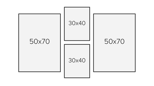 Вариант для 4 фотографий: ширина композиции 138 см (включая интервалы); общая высота 84 см; расстояния между рамами 4 см.